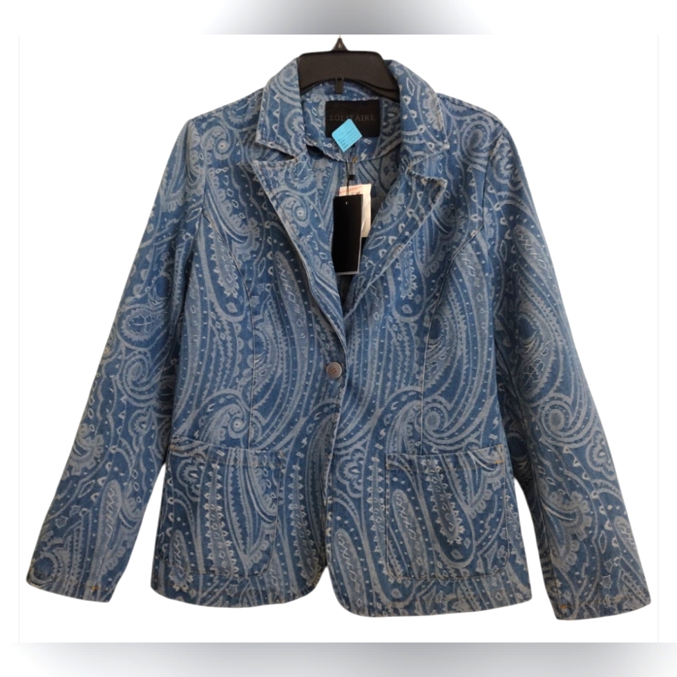Solitaire Blue Denim Paisley Blazer Jacket Size Medium